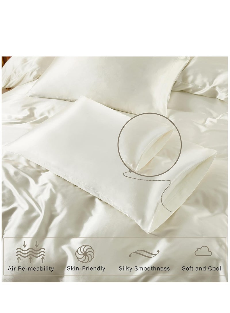 Bedding Duvet Cover Sets, 3 Pieces Satin Bedding Set, Queen Size Silky Duvet Covers Collection, 1x Cooling Duvet Cover 90x90 Inches and 2 Pillowcases, Comforter Not Included （White）  - Image 4