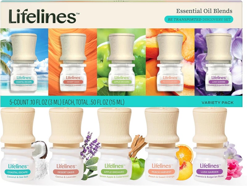 خليط الزيوت العطرية من لايفلاينز، مجموعة اكتشاف 5 عبوات - زيوت عطرية ممزوجة مع مضخة دقيقة لموزعات الروائح - عطر يدوم طويلاً