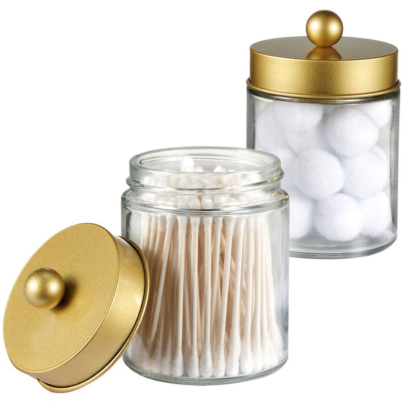 Amolliar Apothecary Jars Bathroom Storage Organizer Countertop Storage Organizer Canister Jar  Cute Qtip Dispenser Holder Glass with Lid for Cotton SwabsBath SaltsHair Band  2PackGold
