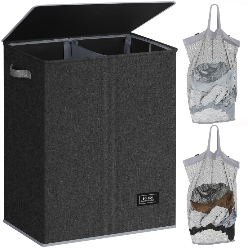 SOLEDI Double Laundry Hamper with Lid, 130L Clothes Hamper 2 Section, Laundry Basket with Removable bag, Bed room decor aesthetic, laundry room organization, Home and dorm room essentials - Image 1
