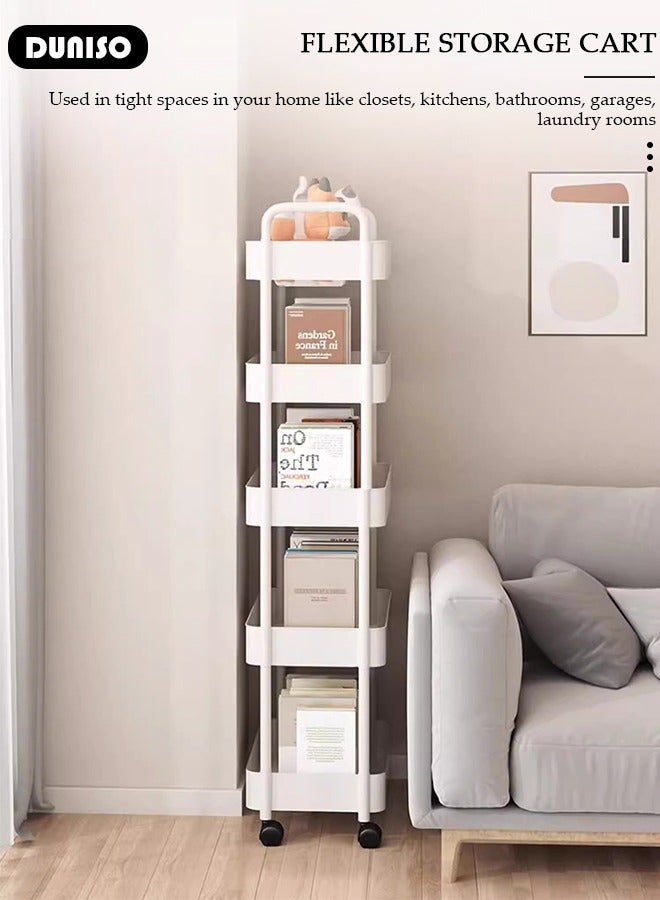 DUNISO 5-Tier Rolling Cart with Wheels, Rolling Storage Cart with Handle and Hook Up, Multifunction Storage Trolley, Service Cart, Utility Shelves Cart for Living Room Kitchen Bathroom Office  - Image 3