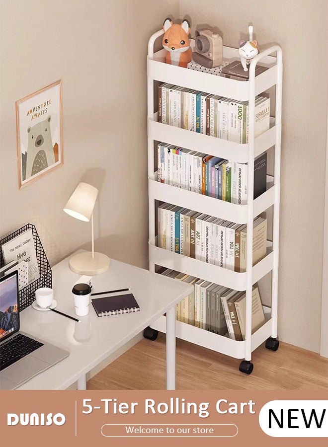 DUNISO 5-Tier Rolling Cart with Wheels, Rolling Storage Cart with Handle and Hook Up, Multifunction Storage Trolley, Service Cart, Utility Shelves Cart for Living Room Kitchen Bathroom Office  - Image 1