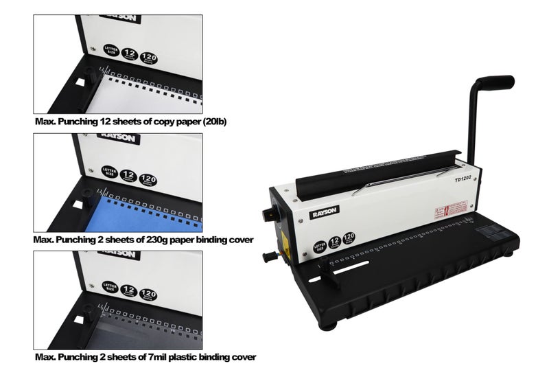 Rayson TD1202 Binding Machine, 3:1 Pitch Wire Binder, Punching 12 Sheets/Binding 120 Sheets with Sturdy Metal Construction - Image 4