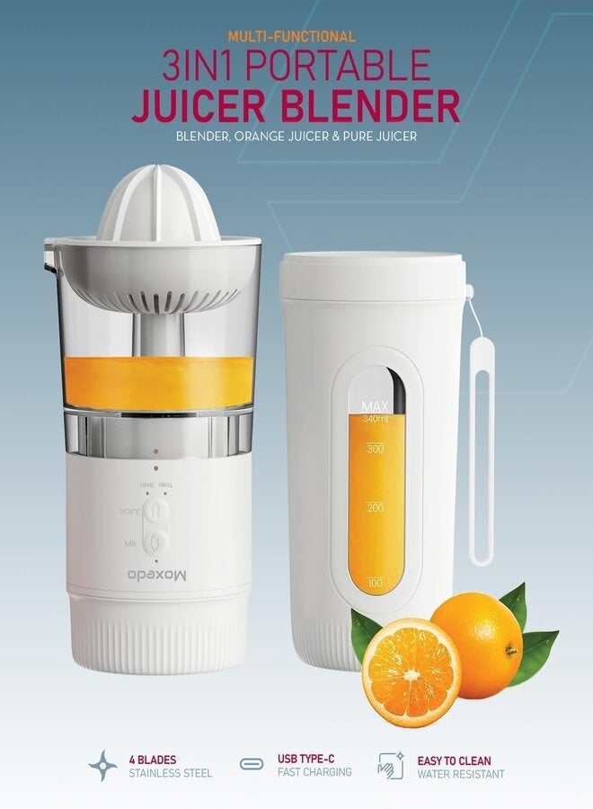 Moxedo 3 in 1 Portable Juicer Blender USB Rechargeable 4 Stainless Steel Blades BPA Free Material Mini Blender Smoothie Maker Lemon Orange Juicer - Image 3
