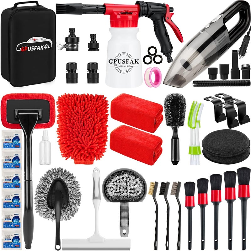 GPUSFAK 42Pcs Car Wash Cleaning Kit with Foam Gun Sprayer Detailing Brushes Car Vacuum Windshield Cleaning Tool Tire Brush Towels Complete Interior Exterior Detailing Set for Car - Image 1