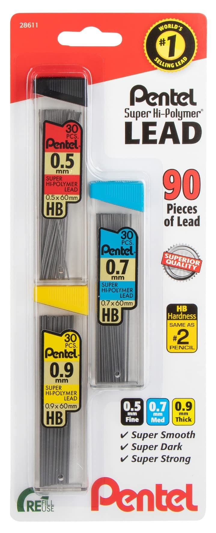 Pentel Super Hi-Polymer Mechanical Pencil Lead Refill - 0.5mm, 0.7mm, 0.9mm - 90 Led refills (30 of Each Size) - Image 1