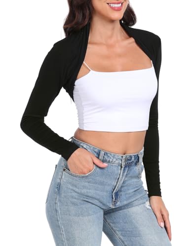 HDE Open Front Shrugs for Women Long Sleeve Bolero Cropped Cardigan Sweater S-4X (Black) - Image 3