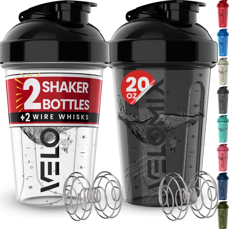 VELOMIX 2 Pack 20 oz Protein Shaker Bottles for Protein Mixes  2x Wire Whisk  Leak Proof Shaker Cups for Protein Shakes and Pre Workout  Protein Shaker Bottle Pack