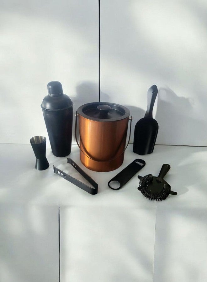 Nooks 7-Piece Cocktail Bar Set with Copper Ice Bucket 1.5ltr, Black Shaker, Strainer, Ice Scoop and Bar Tools - Image 1