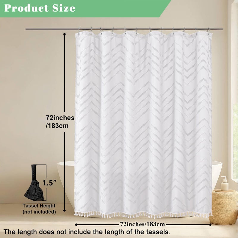 OWENIE Boho Shower Curtain, White Fabric Cloth Shower Curtains Farmhouse Tufted Chevron Striped Textured with Tassel for Bathroom, Soft Hotel Style Modern Minimalist, Machine Washable, 72x72, White - Image 2