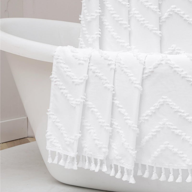 OWENIE Boho Shower Curtain, White Fabric Cloth Shower Curtains Farmhouse Tufted Chevron Striped Textured with Tassel for Bathroom, Soft Hotel Style Modern Minimalist, Machine Washable, 72x72, White - Image 1