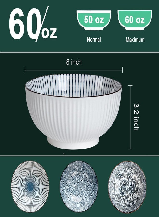 QINLANG 60 oz Large Soup Bowl, Pho Bowls, Japanese Ramen Bowls Set of 3, 8 in Blue and White Porcelain Big Bowls for Eating - 3 Mixing Patterns - Image 2