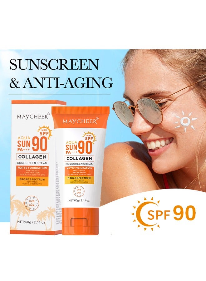 مايتشير SPF90+ كريم واقي من الشمس - كريم أساس غير لامع واقي شمسي مرطب - تبييض الجسم واقي من الأشعة فوق البنفسجية طويل الأمد واقي من الشمس مرطب مانع للطاقة الشمسية مقاوم للماء للعناية بالبشرة 60 جرام - Image 1