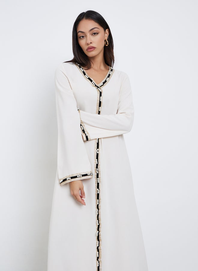 Amirah Cream Lace Detail A-Line Jalabiya - Image 3