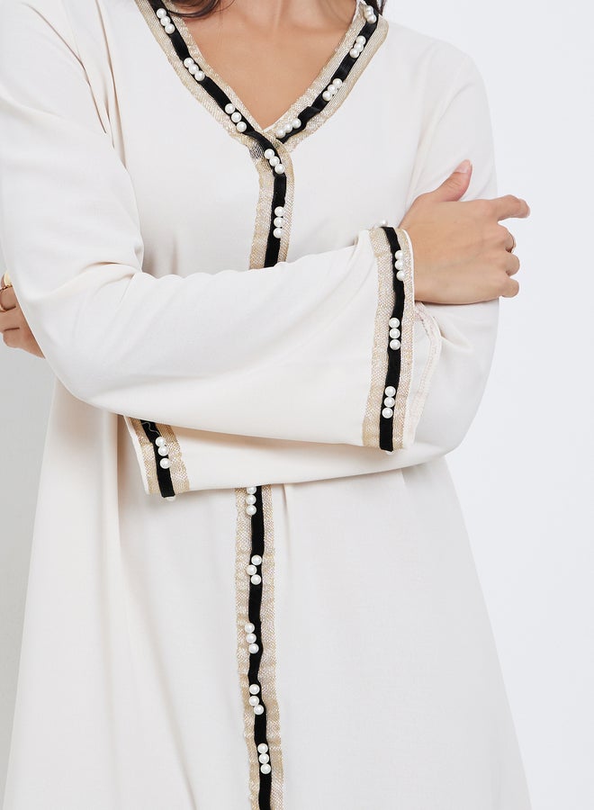 Amirah Cream Lace Detail A-Line Jalabiya - Image 4