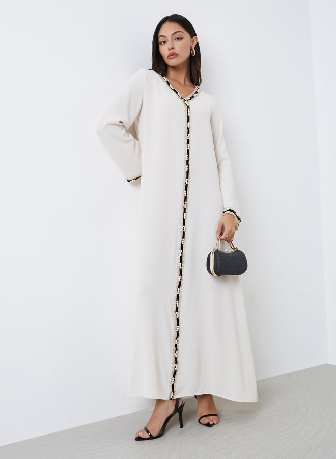 Amirah Cream Lace Detail A-Line Jalabiya - Image 2