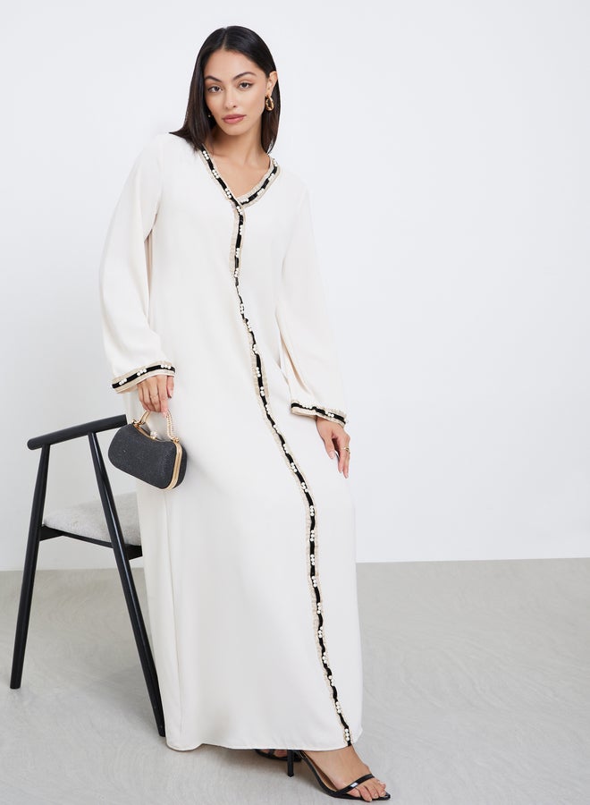 Amirah Cream Lace Detail A-Line Jalabiya - Image 1