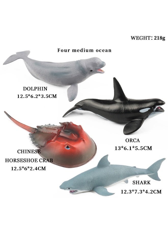 هالامودو مجموعة نماذج الحيوانات البحرية المكونة من 4 قطع -تماثيل مخلوقات المحيط الواقعية بما في ذلك دولفين، أوركا، سرطان حدبة الحصان، القرش، ألعاب معرفية بلاستيكية صلبة، هدية حفلة موضوع المحيط، هدية عيد ميلاد للأولاد والبنات - Image 1