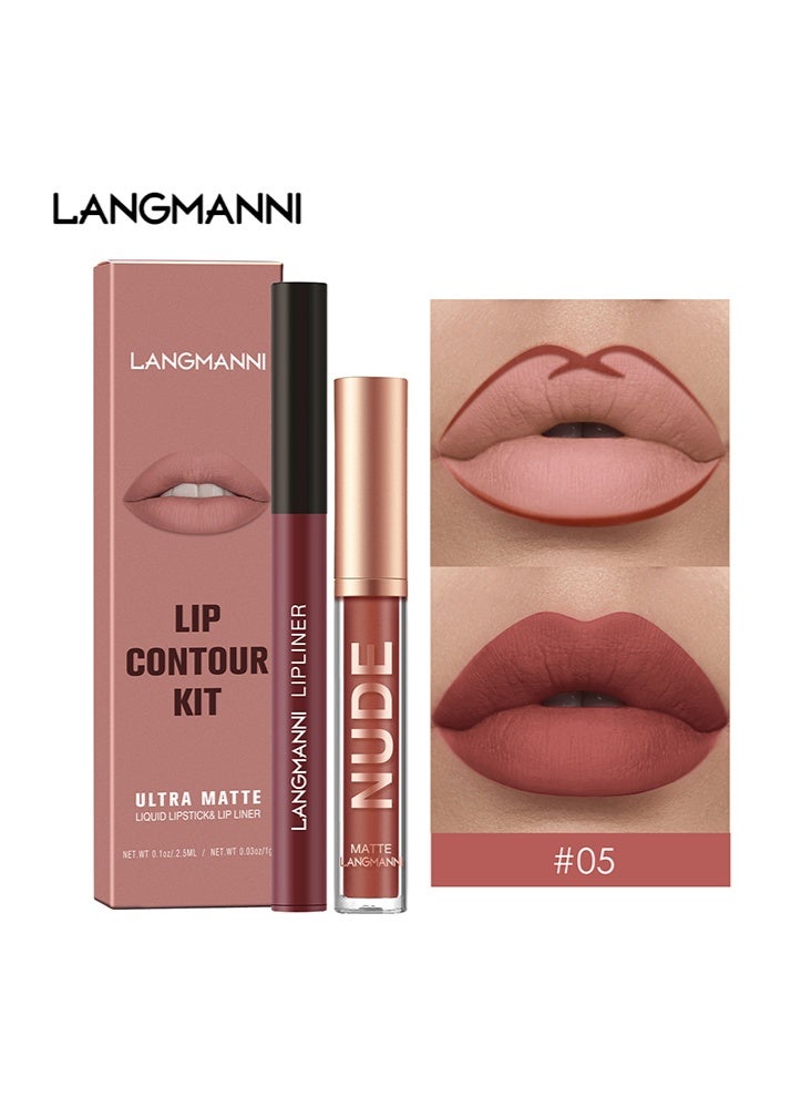 LANGMANNI Lip Contour Kit-Ultra Matte Liquid Lipstick & Lip Liner,Nude Lip Liner, Nude Lipstick, Matte Lipsticks, Durable Lip Gloss Does Not Fade, Lipstick Makeup Set for Women Gift #05 - Image 1