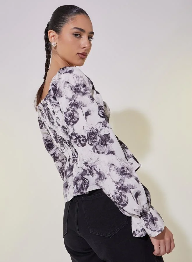 Take Two Floral Print Smocked Detail Blouse