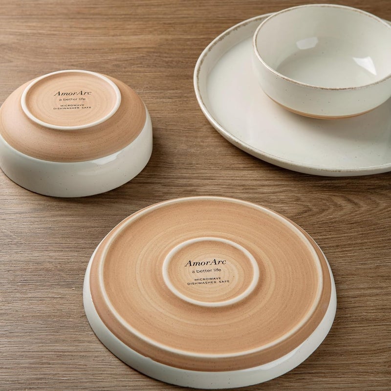 AmorArc أطقم أدوات المائدة الخزفية من AmorArc مكونة من 18 قطعة لـ 6 أشخاص، أطباق وأوعية مصنوعة من الحجر المطلي يدويًا مع قاعدة من الطين الريفي، مجموعة أطباق مقاومة للخدش، آمنة في غسالة الصحون والميكروويف - Image 3