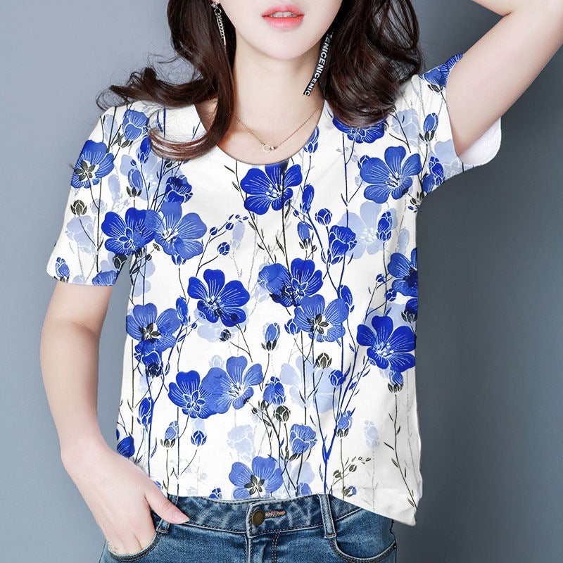 2025 Women'S Floral T-Shirt Short-Sleeved Printed Round-Neck Shirt Thin Style Sale - Image 1