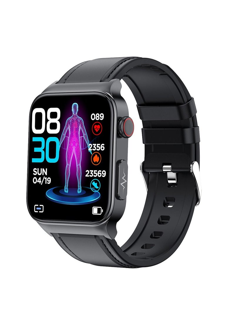 E500 Smart Watch, ECG PPG HRV PTT Blood Glucose Blood Pressure Body Temperature Monitor, IP68 Waterproof Men's Smartwatch (Black Leather Strap) - Image 1