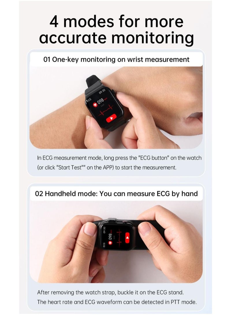 E500 Smart Watch, ECG PPG HRV PTT Blood Glucose Blood Pressure Body Temperature Monitor, IP68 Waterproof Men's Smartwatch (Black Leather Strap) - Image 5