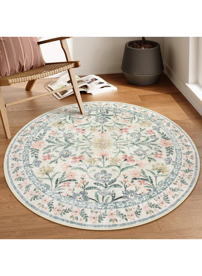 Round Boho Floral Area Rug Washable Non Slip Soft Low Pile Carpet for Bedroom Living Room Nursery Kids Room Vintage Home Decor - Image 1