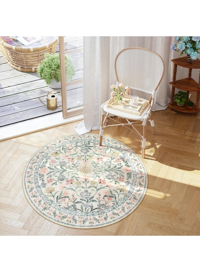 Round Boho Floral Area Rug Washable Non Slip Soft Low Pile Carpet for Bedroom Living Room Nursery Kids Room Vintage Home Decor - Image 5