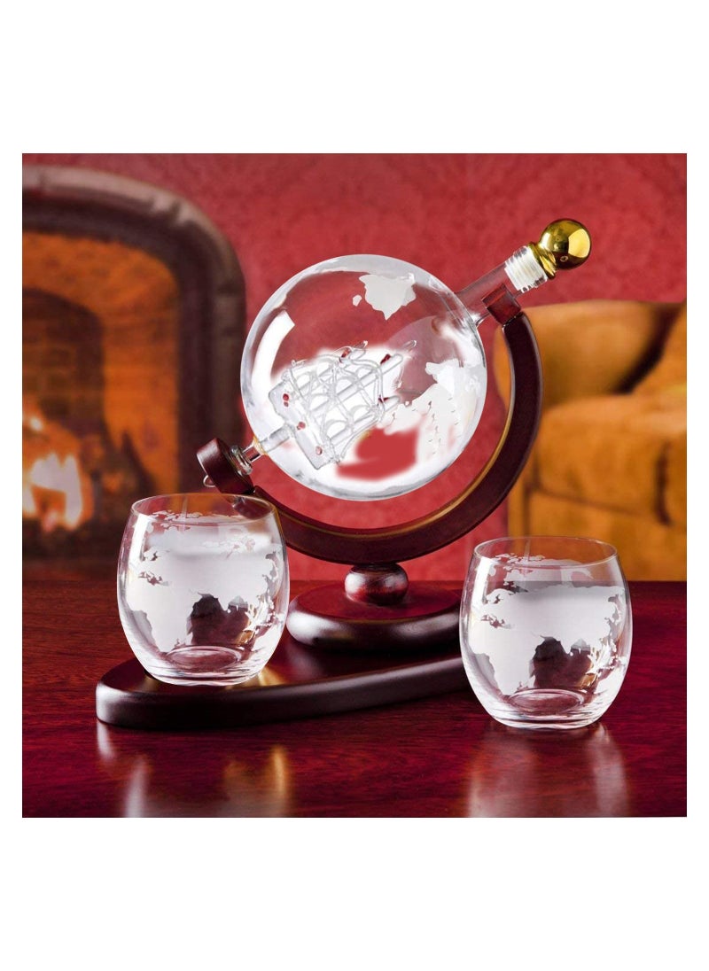 Generic - Whiskey Decanter Globe Set with 2 Etched Whiskey Glasses,Reusable Whiskey Stone Ice Cubes - Image 1