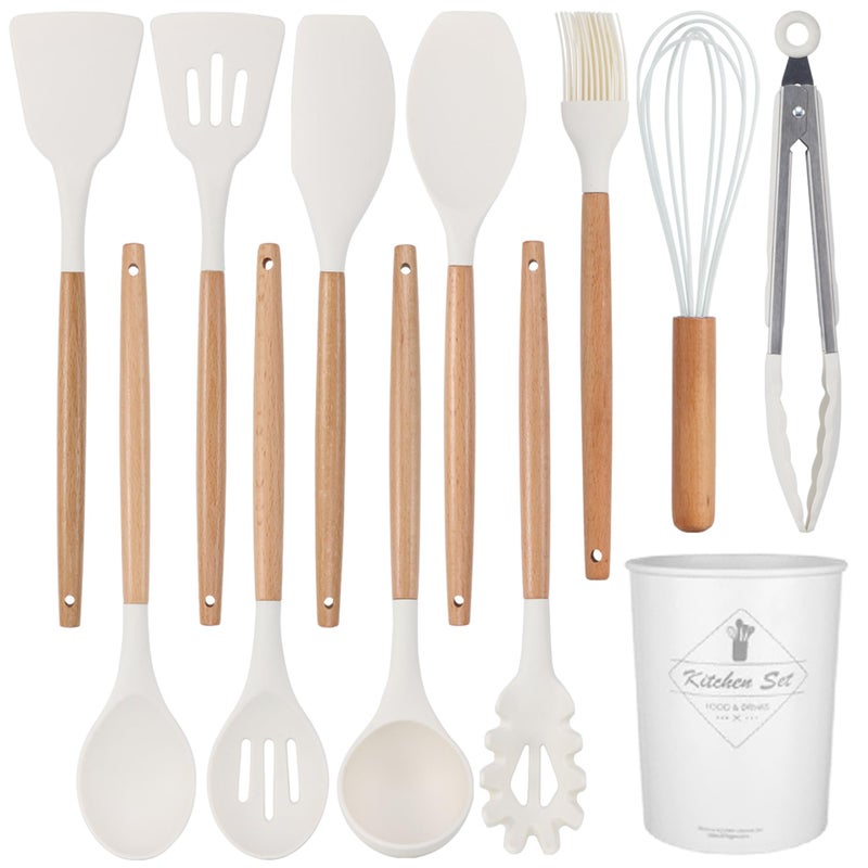 Keidason Silicon Cooking Utensils Set for Kitchen 12 pcs NonStick Cooking Set 446F Heat Resistant with Wooden Handle Spatula Turner Spoon Tongs WhiskBPAFreeMilk White