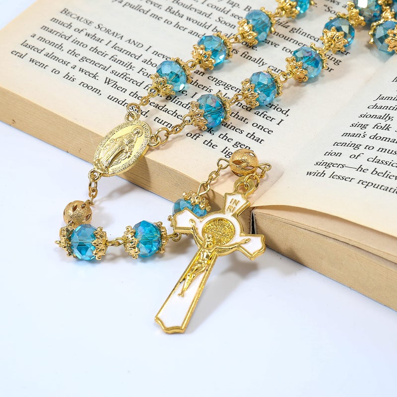 Nazareth Store Saint Benedict Blue Crystal Beads 10mm Golden Rosary Flowers Beaded Prayer Necklace Miraculous Heart Locket Medal & Cross Religious Women Men Amulet 21" - Image 2