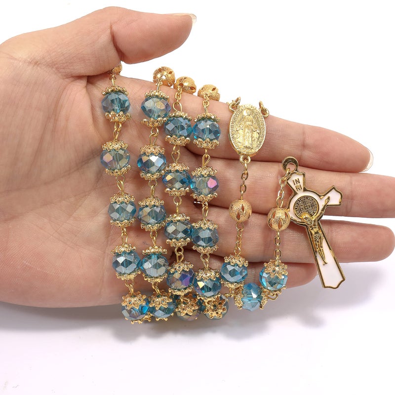 Nazareth Store Saint Benedict Blue Crystal Beads 10mm Golden Rosary Flowers Beaded Prayer Necklace Miraculous Heart Locket Medal & Cross Religious Women Men Amulet 21" - Image 3