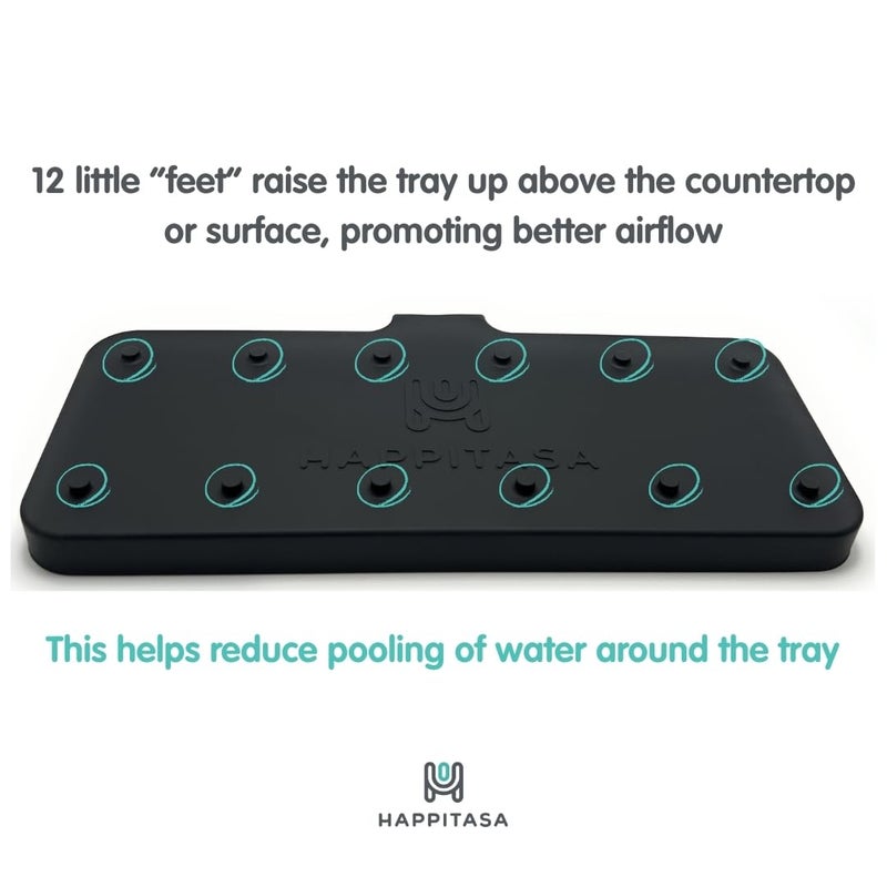 Happitasa Silicone Soap Dish Tray and Sponge Holder with Drain Chute and Feet | 3-Way Sloped Design | Bathroom and Kitchen Sink Organizer Caddy (Smoky Blue, 10"x4") - Image 3