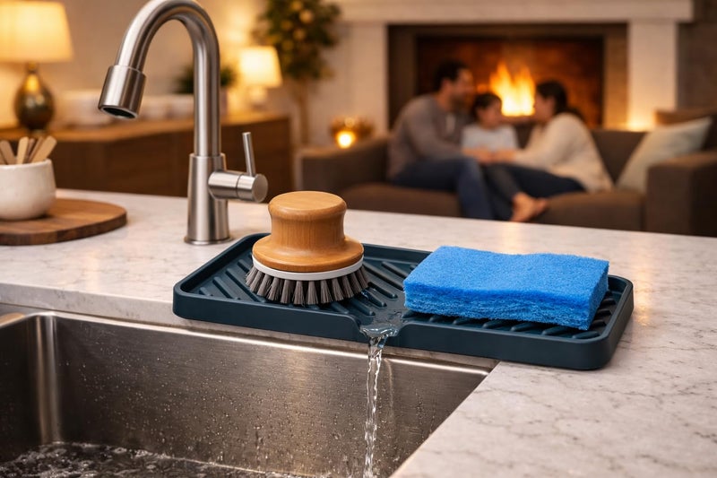 Happitasa Silicone Soap Dish Tray and Sponge Holder with Drain Chute and Feet | 3-Way Sloped Design | Bathroom and Kitchen Sink Organizer Caddy (Smoky Blue, 10"x4") - Image 4