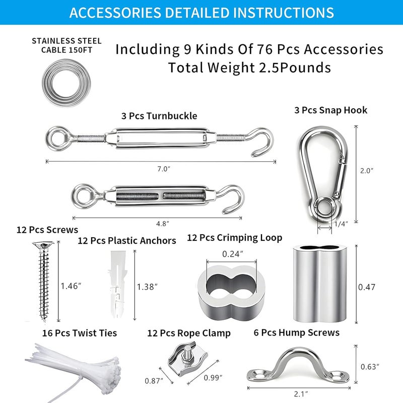 Litcher Globe String Light Suspension Kit, Outdoor Light Guide Wire, Vinyl Coated Stainless Steel Steel Cable，Include 150ft Transparent PVC and 304 Stainless Steel Wire Cable, Turnbuckle and Hooks - Image 3
