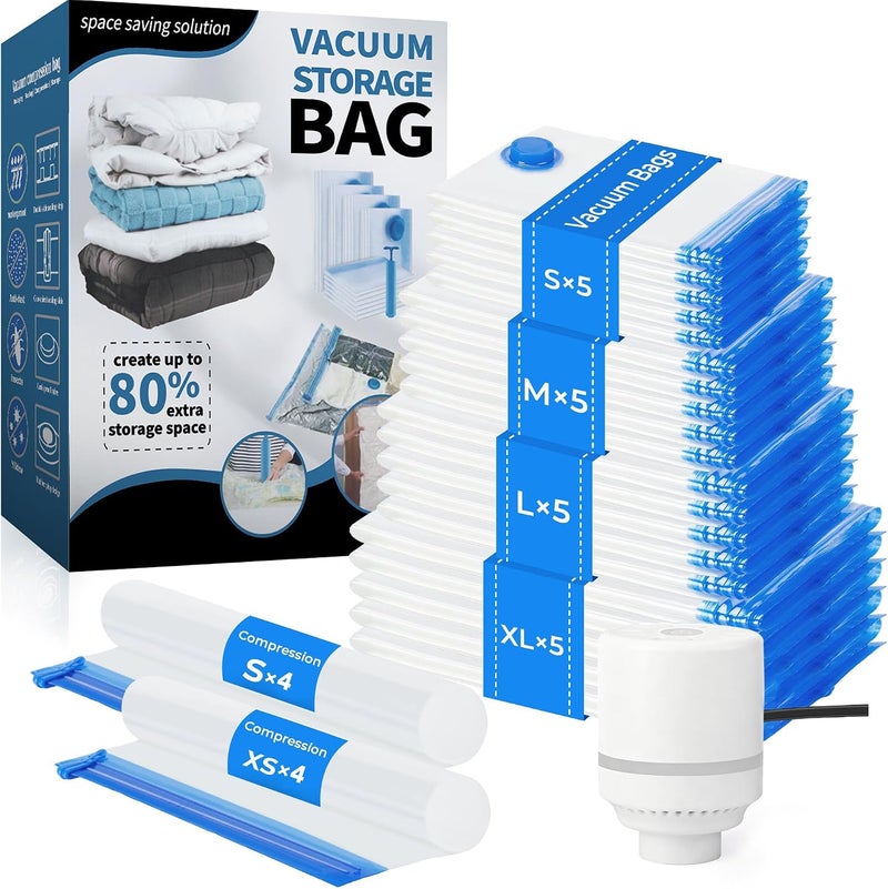 Ofrdncy 28 Pack Vacuum Storage Bags with Electric Pump, 4 Sizes (5 Each) + 2 Roll-Up (4 Each), Space Saver Vacuum Seal Bags for Clothing, Bedding, Pillows, Travel – Airtight Seal, Reusable & Durable - Image 1
