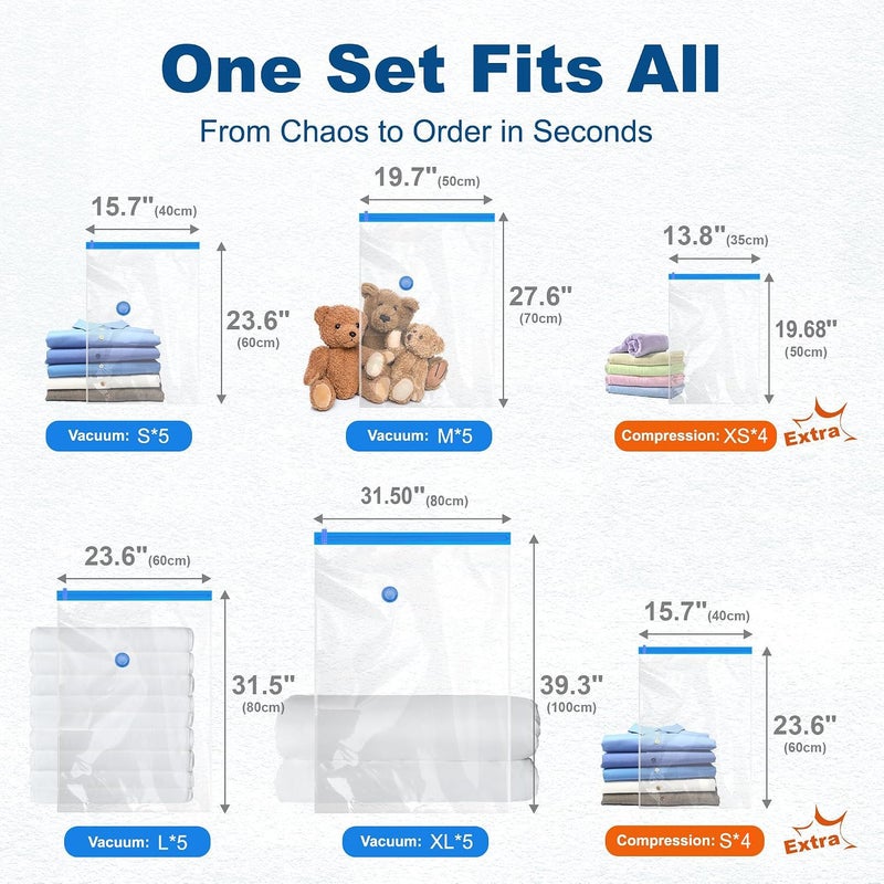 Ofrdncy 28 Pack Vacuum Storage Bags with Electric Pump, 4 Sizes (5 Each) + 2 Roll-Up (4 Each), Space Saver Vacuum Seal Bags for Clothing, Bedding, Pillows, Travel – Airtight Seal, Reusable & Durable - Image 2