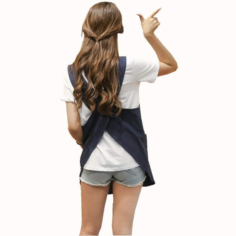 Japanese Style Apron  Soft Cotton Linen with Two Side Pockets X Cross Halter Apron for Women DIY Project Crafting Cooking Baking Navy Blue