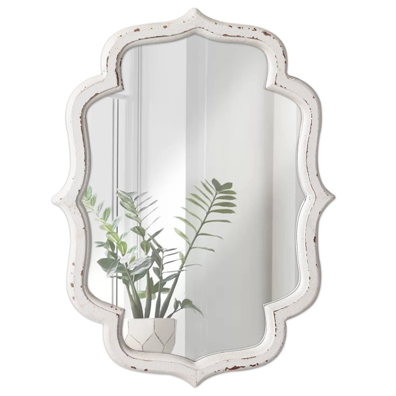 Sintosin Vintage Small Scalloped Wall Mirror Decorative 16 x 12 Hanging Rustic Distressed White Bathroom Mirrors for Vanity Farmhouse Wood Quatrefoil Wall Mounted Mirror for Living Room