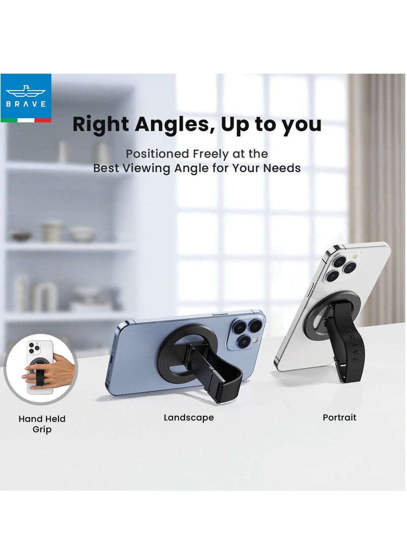 Brave 3-in-1 Magnetic Phone Grip & Kickstand – Strong Magnetic Grip, 360° Rotatable Finger Strap, N55 MagSafe Ring Holder, Removable Magnetic Base, Universal Mount for iPhone Air, iPhone 17 / 17 Pro / 17 Pro Max / 16 / 15 / 14 / 13 / 12, Samsung Galaxy S22 / S23 / S24 / S25 / S25 Ultra, All iOS & Android Devices – Portable Desktop & Tablet Holder, Black - Image 3
