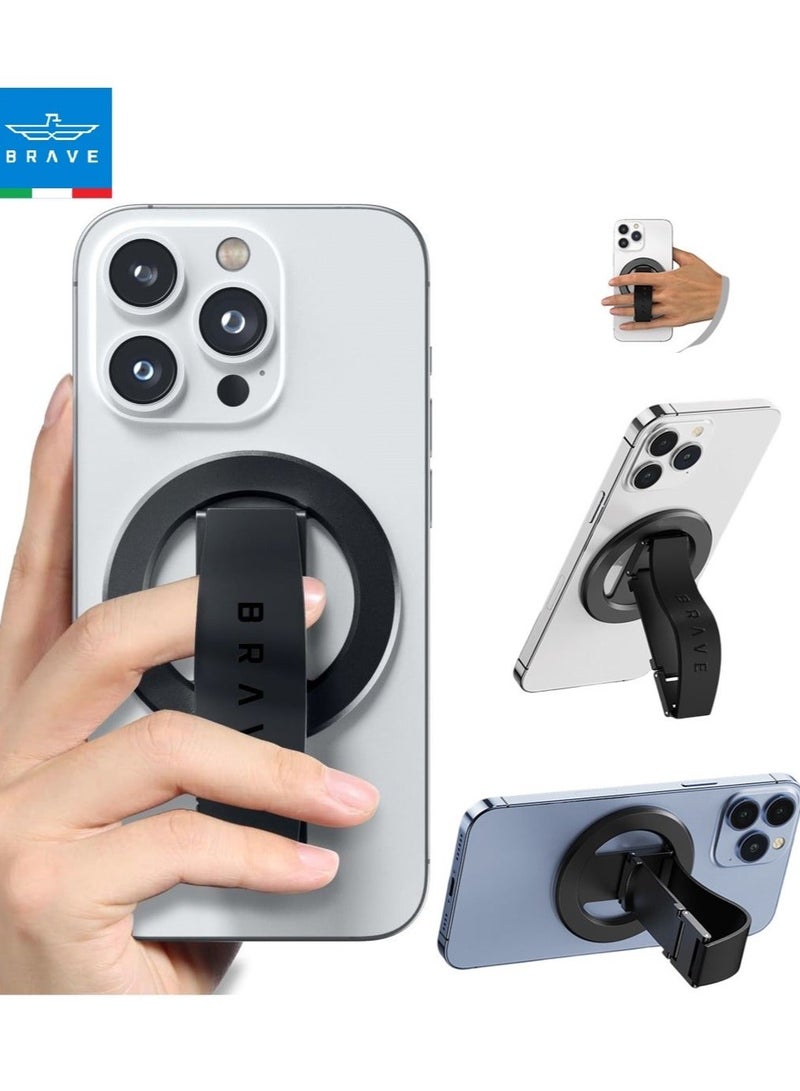 Brave 3-in-1 Magnetic Phone Grip & Kickstand – Strong Magnetic Grip, 360° Rotatable Finger Strap, N55 MagSafe Ring Holder, Removable Magnetic Base, Universal Mount for iPhone Air, iPhone 17 / 17 Pro / 17 Pro Max / 16 / 15 / 14 / 13 / 12, Samsung Galaxy S22 / S23 / S24 / S25 / S25 Ultra, All iOS & Android Devices – Portable Desktop & Tablet Holder, Black - Image 1