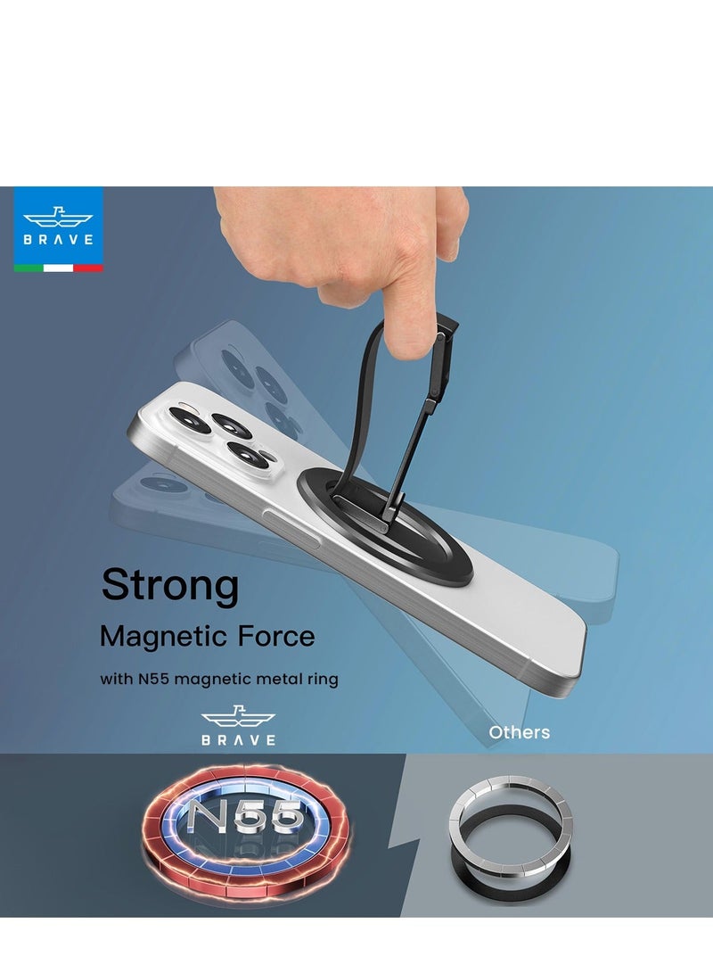 Brave 3-in-1 Magnetic Phone Grip & Kickstand – Strong Magnetic Grip, 360° Rotatable Finger Strap, N55 MagSafe Ring Holder, Removable Magnetic Base, Universal Mount for iPhone Air, iPhone 17 / 17 Pro / 17 Pro Max / 16 / 15 / 14 / 13 / 12, Samsung Galaxy S22 / S23 / S24 / S25 / S25 Ultra, All iOS & Android Devices – Portable Desktop & Tablet Holder, Black - Image 4
