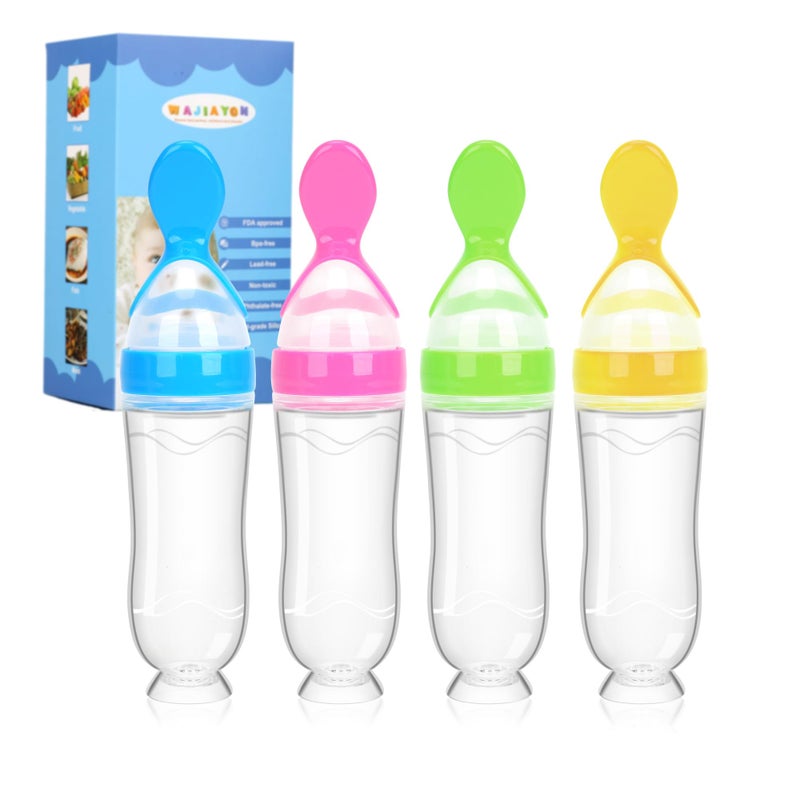 WAJIAYON Baby Food Feeder 4 Pack Silicone Baby Food Dispensing Spoon-WAJIAYON, 3 oz Squeeze Feeding Spoons with Suction Cup for Boys Girl Kids Toddlers - Self Feeding Bottle Spoon - Image 1