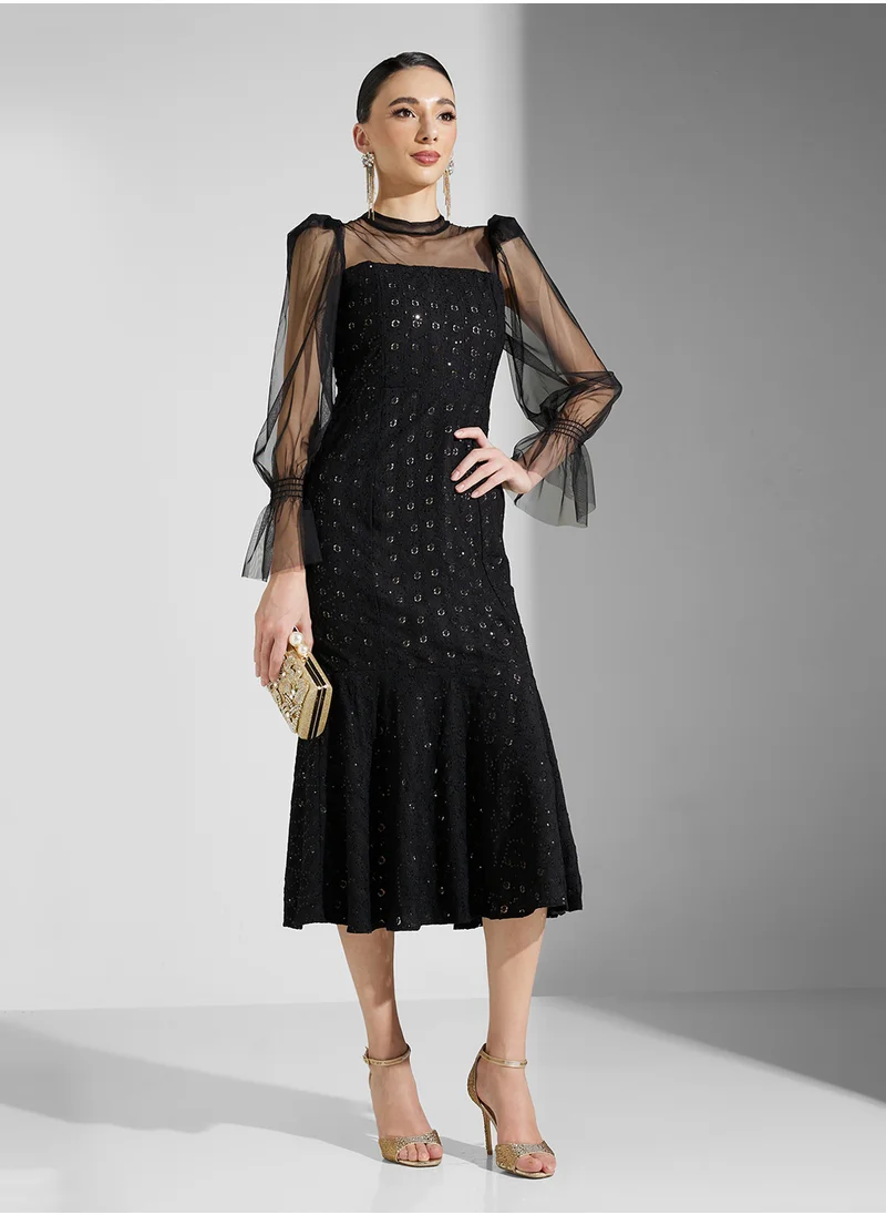 ايلا ليمتد اديشن Shimmer Mermaid Cut Dress With Sheer Sleeves