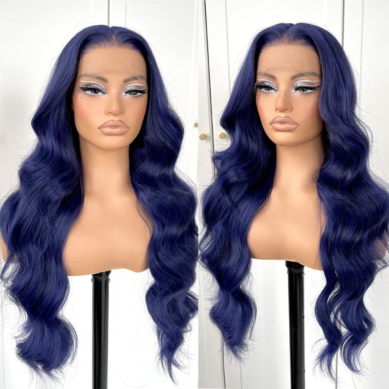 MITIMES Dark Blue Wigs Blue Lace Front Wig Pre Plucked Glueless Long Body Wave Lace Front Wig For Fashion Women Transparent Lace Front Wig For Cosplay Party