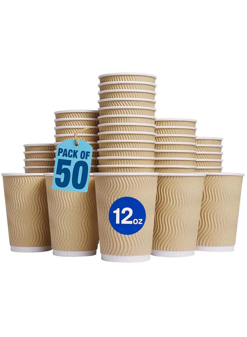 MahMir® 12 Oz. Brown Disposable Ripple Insulated Coffee Cups - Eco-Friendly Disposable Cups - Hot Beverage Corrugated Paper Cups - Sleeve Ripple Wall Paper Coffee Cups for Drink - Tea Cup(12oz 50 Pcs) - Image 1