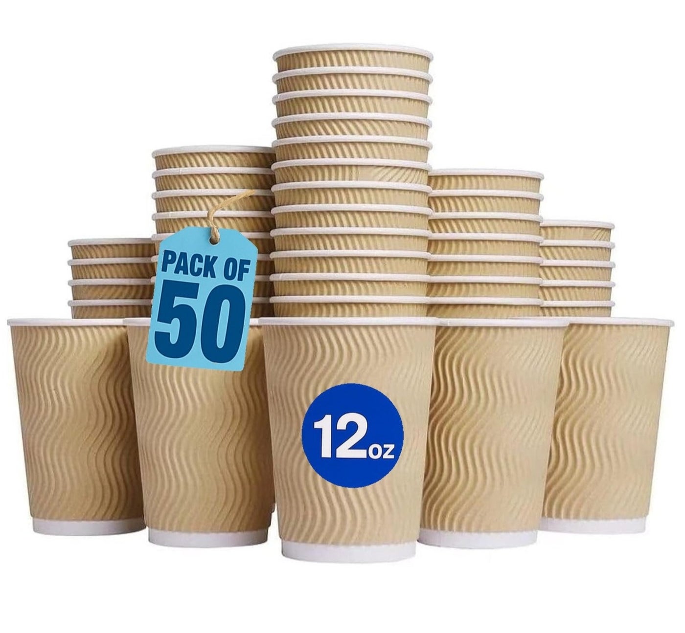 MahMir® 12 Oz. Brown Disposable Ripple Insulated Coffee Cups - Eco-Friendly Disposable Cups - Hot Beverage Corrugated Paper Cups - Sleeve Ripple Wall Paper Coffee Cups for Drink - Tea Cup(12oz 50 Pcs)