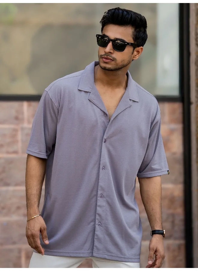 Maniac Maniac Mens Solid Collar Neck Half Sleeve Lilac Color CottonBlend Shirt